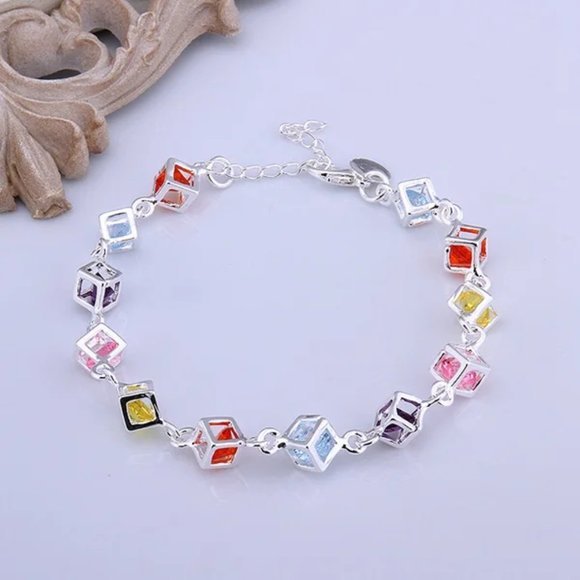 Beautiful Multi - Colored Box Style Ladies Bracelet .925 Solid Sterling Silver - Picture 4 of 5